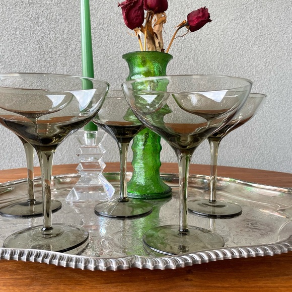 5 smoked glass champagne coupe, mid century barware, champagne glasses, MCM Gift - Picture 12 of 12